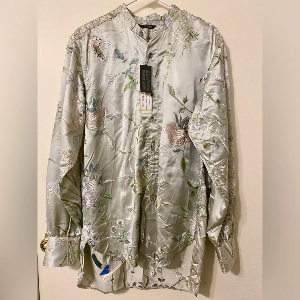 Vintage Gucci x Tom Ford SS03 Floral Bird Embroidered Silk Oversized Shirt Top